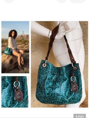 Fossil Teal Embossed Leather Shoulder Bag with Brown Strap